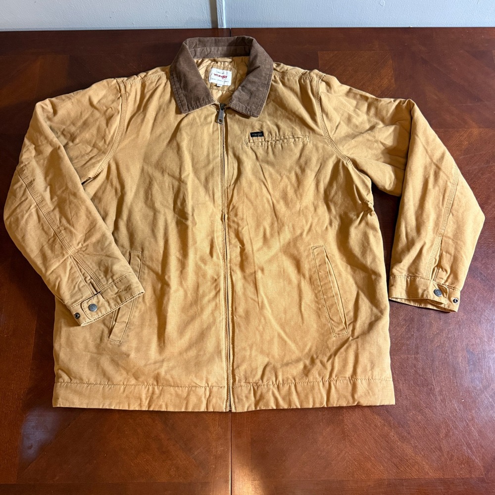 Wrangler Mens XL Tan Canvas Work Jacket Corduroy Collar Quilted Lined Barn Coat
